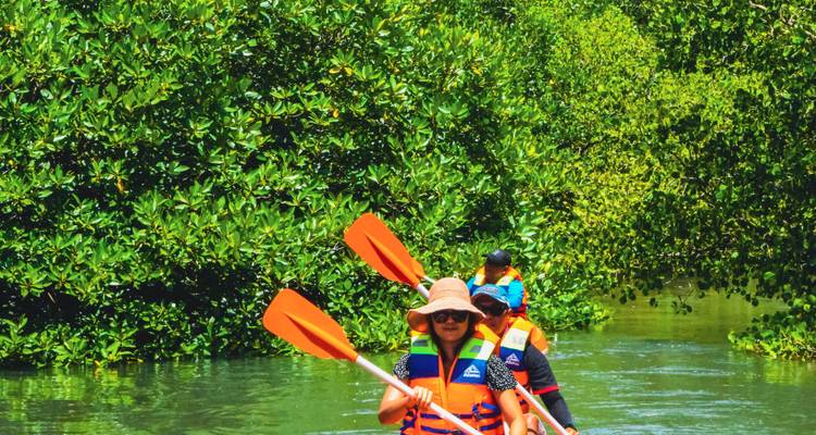 Rangée de kayakistes vêtus de gilets orange naviguant sur une voie d'eau verte et étroite entourée d'une végétation dense.