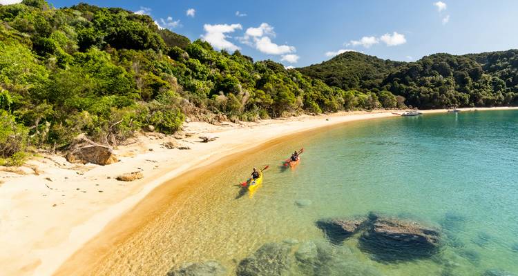 Kayakers paddle across crystal-clear turquoise water beside a golden beach and lush forest in Abel Tasman National Park.