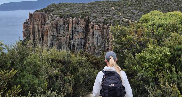 Back-view of a hiker admiring towering dolerite cliffs and coastal vistas on the Cape Hauy Track.