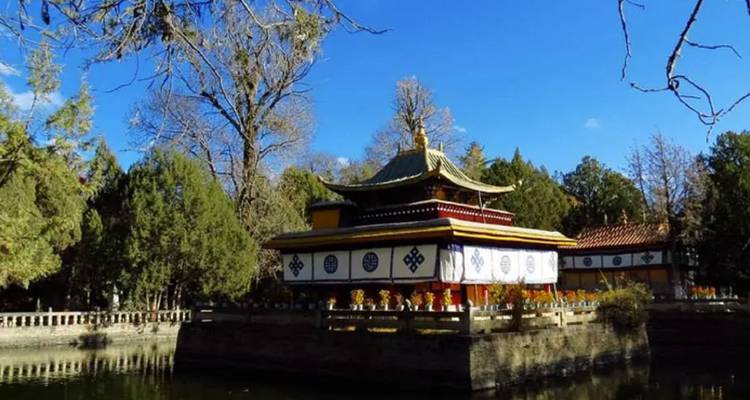 Pequeño pabellón de templo reflejado en un estanque tranquilo rodeado de altos árboles de hoja perenne bajo un cielo azul brillante.
