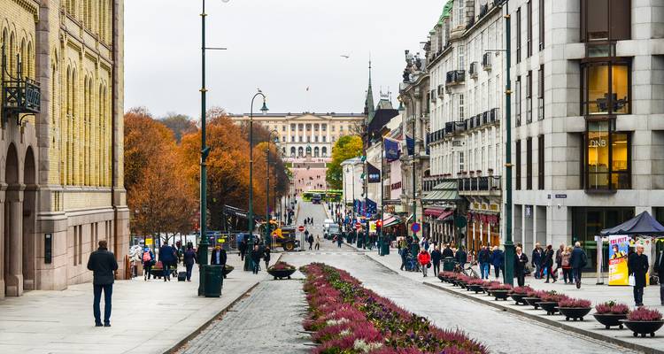 Bustling Karl Johans Gate with autumn trees, shops and the Royal Palace visible at the end of the street.