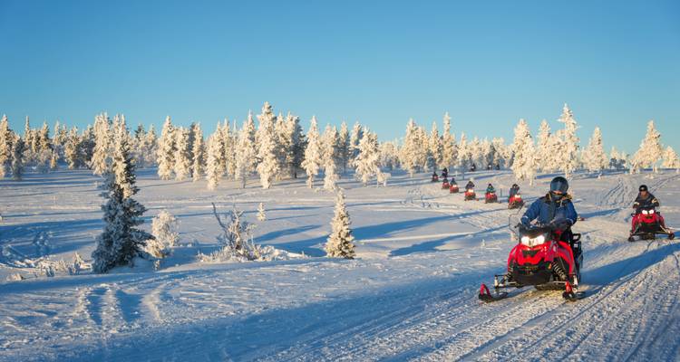Line of snowmobiles speeding across a sunlit snowy plateau bordered by frost-covered trees.