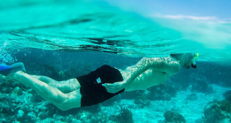 A snorkeler glides just below the turquoise water’s surface above a coral reef in crystal-clear sea.