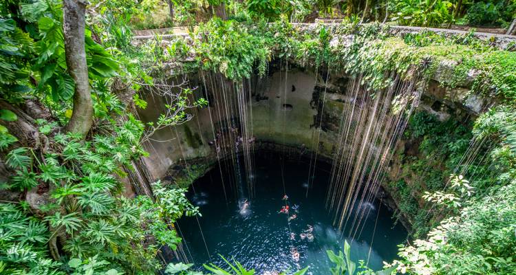Circular jungle cenote with hanging vines and swimmers enjoying the turquoise water