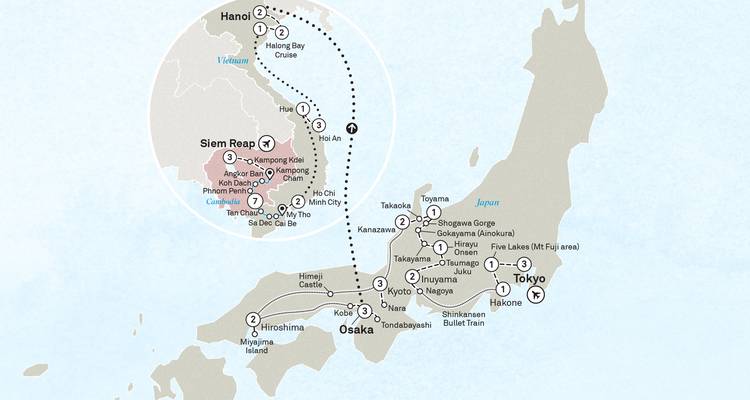 Detailed map overlay connecting Japan with Southeast Asian destinations and cruise routes.