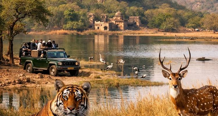 Safari jeep with tourists observing a tiger, deer and water birds beside a scenic lake and old ruins