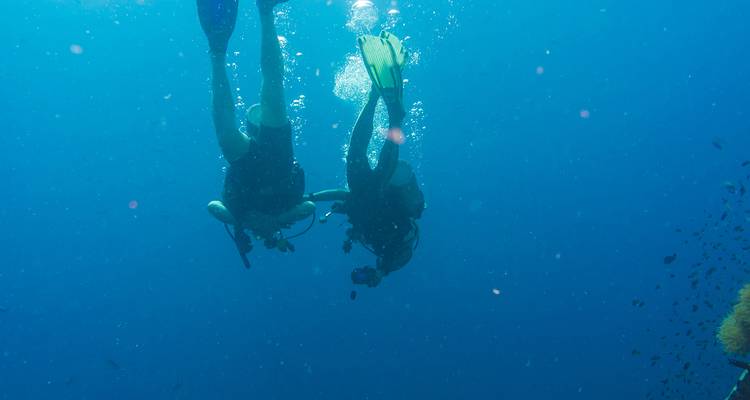 Two scuba divers descending into deep blue water surrounded by tiny bubbles