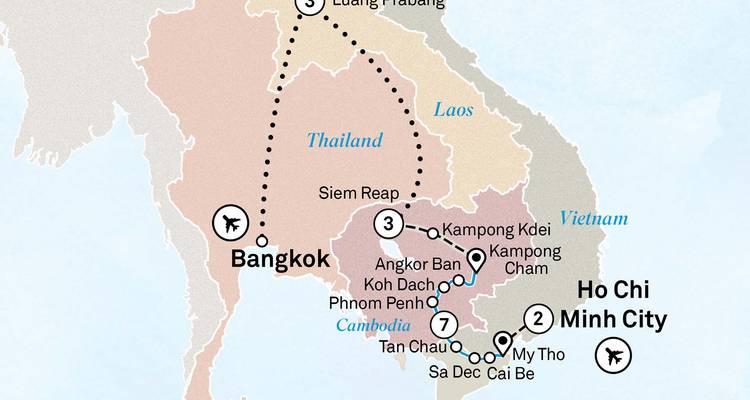 Carte de l'itinéraire de voyage à travers la Thaïlande, le Cambodge, le Laos et le Vietnam montrant les vols et les segments fluviaux.