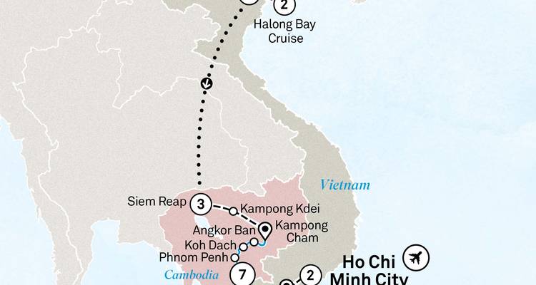 Carte d'itinéraire mettant en évidence un trajet entre le Cambodge et le Vietnam incluant Siem Reap et Ho Chi Minh-Ville.