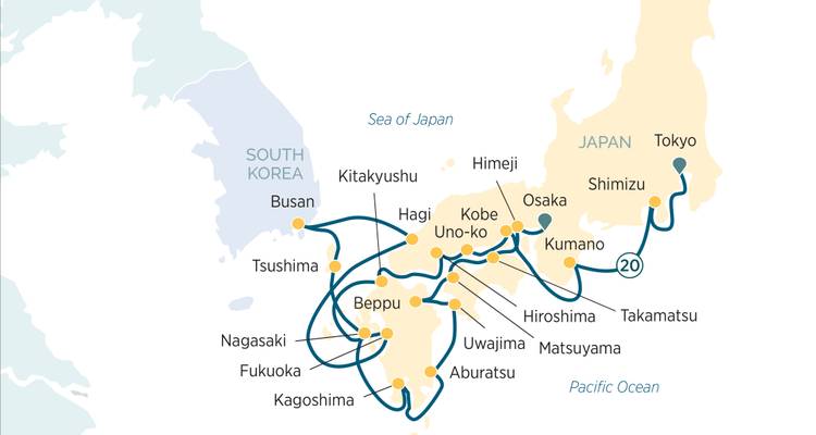 Cruise itinerary map highlighting ports around Japan and South Korea.