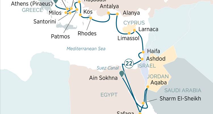 Mediterranean and Middle East cruise route map including Athens, Rhodes, Haifa and Safaga.