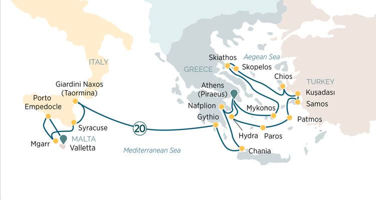 Mapa de crucero por el Egeo que cubre Mykonos, Paros, Hydra, Siracusa y La Valeta.