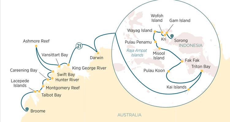 Cruise route map between northern Australia and Indonesia highlighting coastal stops.