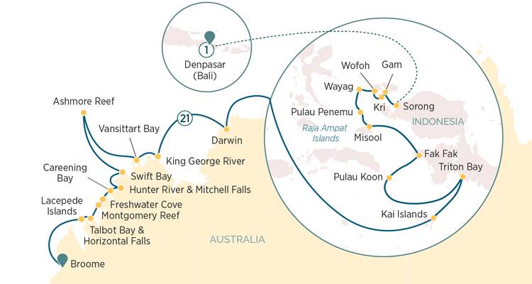 Illustrated route map showing cruise paths through northern Australia and Indonesia.