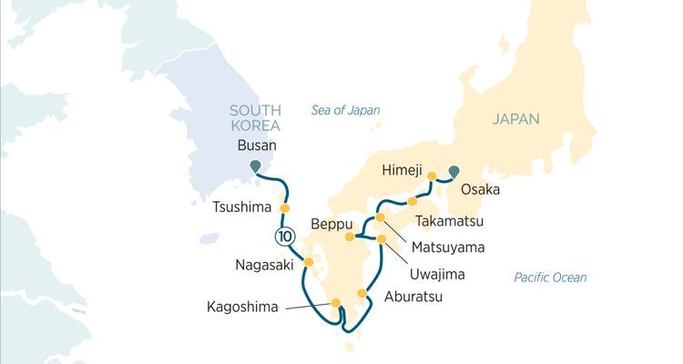Cruise route map of southern Japan and Busan showing Osaka, Beppu and Kagoshima.