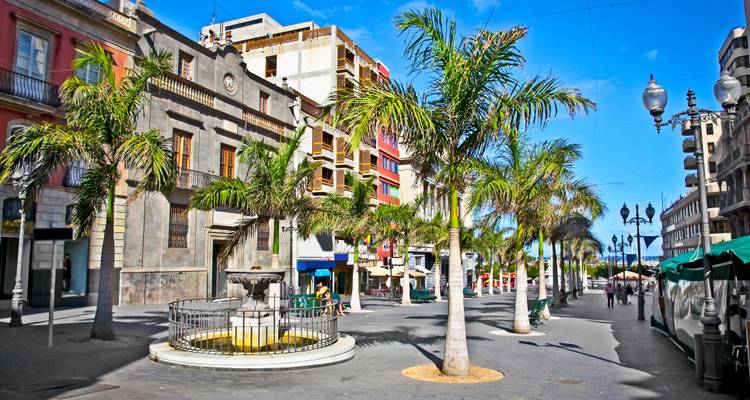 Rue piétonne bordée de palmiers avec des bâtiments historiques en pierre et une petite fontaine sous un ciel bleu à Tenerife.