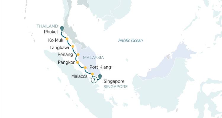 Route map tracing a cruise from Singapore up the Malacca Strait to Phuket with port icons.