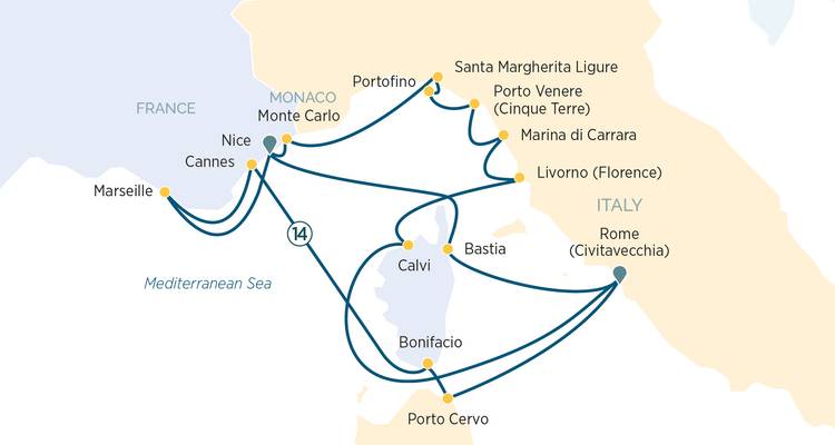 Mediterranean cruise map covering Italy, France and Monaco ports.