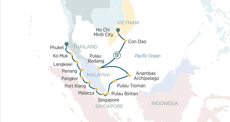 Cruise itinerary map covering Malaysia, Thailand, Vietnam and Singapore with numbered days and arrows.