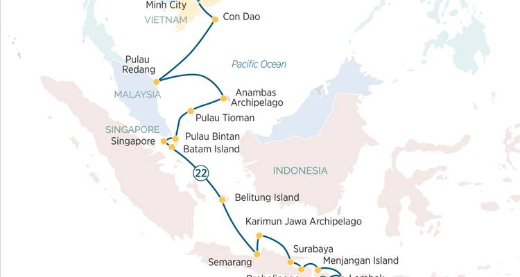 Mapa del itinerario mostrando la ruta de crucero a través de Vietnam, Malasia, Singapur e Indonesia