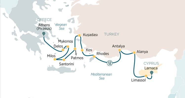 Carte de croisière à travers la Grèce, la Turquie et Chypre mettant en évidence les ports populaires de la mer Égée.