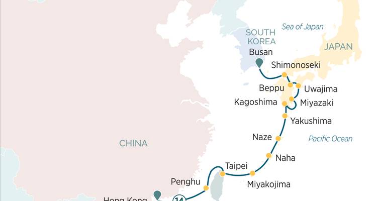 Extended cruise map from Japan to Taiwan with stops in Yakushima, Naha and Penghu.