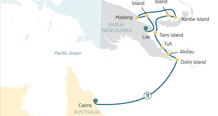 Voyage map from Cairns to multiple Papua New Guinea islands displaying stopovers and sailing path.
