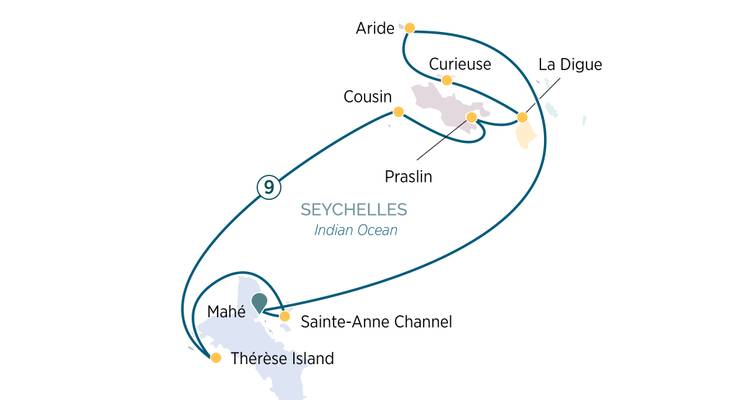 Carte illustrant un itinéraire de navigation de neuf jours parmi diverses îles aux Seychelles.