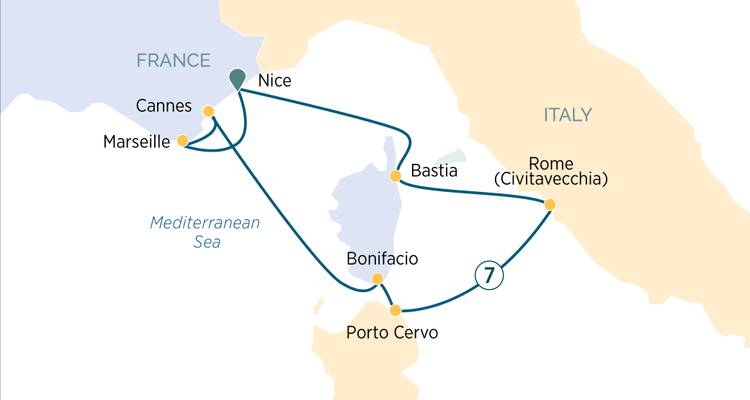 Carte d'itinéraire affichant une croisière en Méditerranée entre la France et l'Italie, incluant Nice, Rome et Bonifacio.