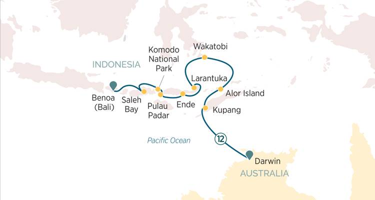 Map outlining a cruise from Bali and Komodo to Darwin with highlighted island stops.