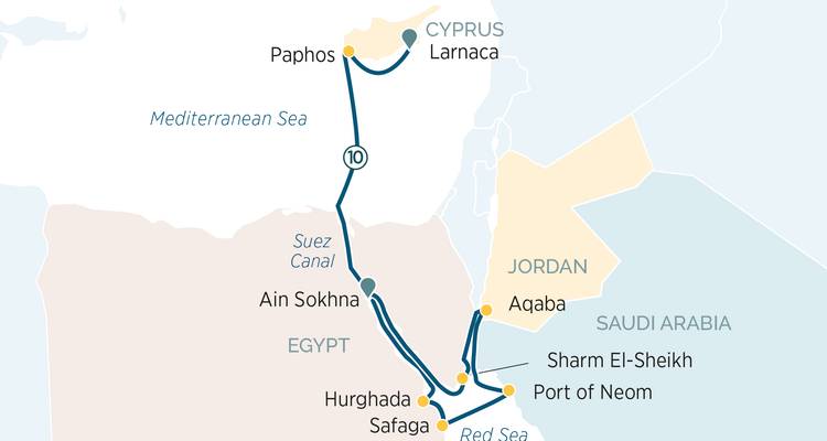 Cruise map highlighting ports around Egypt, Jordan, Israel, and Cyprus in the eastern Mediterranean and Red Sea.