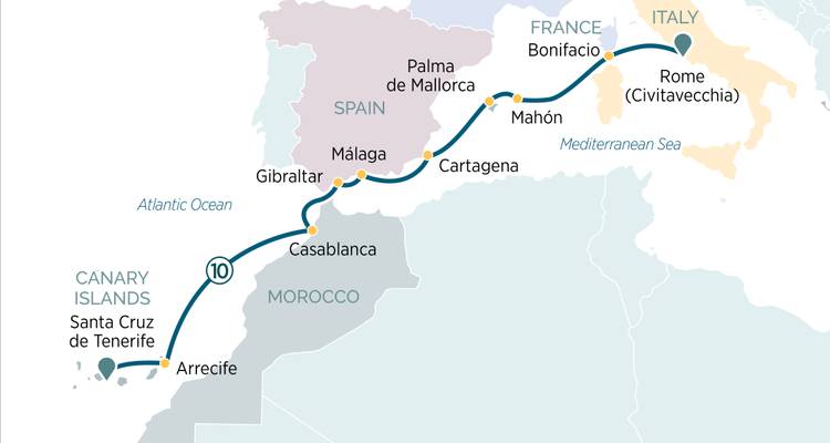 Mapa del itinerario de crucero que conecta Roma con las Islas Canarias, Gibraltar y Marruecos a través del Atlántico y el Mediterráneo.