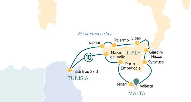 Carte présentant un itinéraire de croisière en Sicile, à Malte et en Tunisie incluant Palerme, La Valette et Sidi Bou Saïd.
