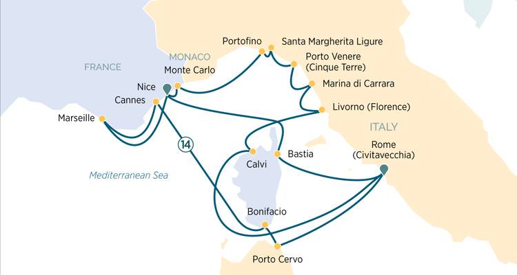 Duplicate Mediterranean cruise route map with ports from Rome to Nice and Corsica