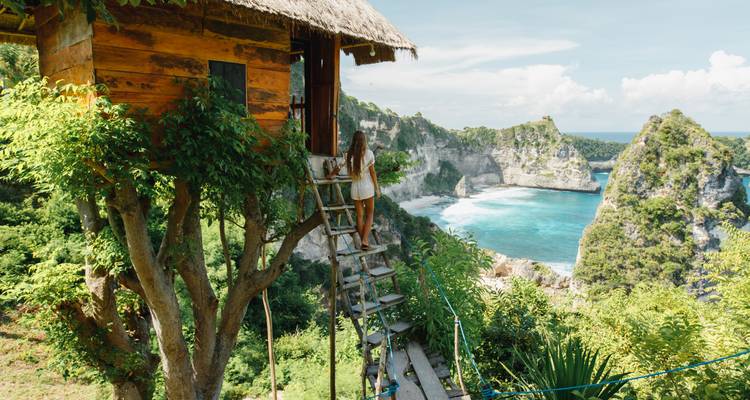 Traveler climbs wooden ladder to a cliff-side tree house overlooking turquoise bays and limestone stacks.