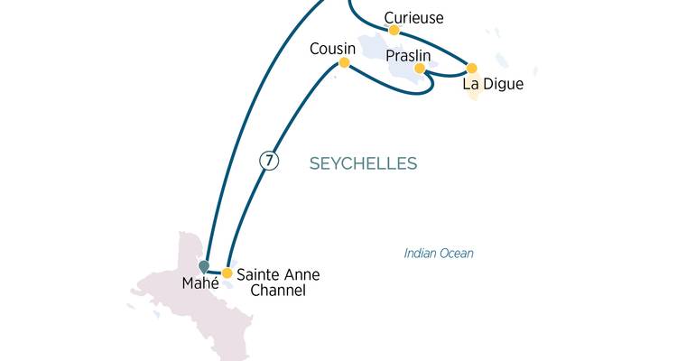 Carte d'itinéraire indiquant les trajets entre les îles de Mahé, Praslin, La Digue, Curieuse et Cousin aux Seychelles.