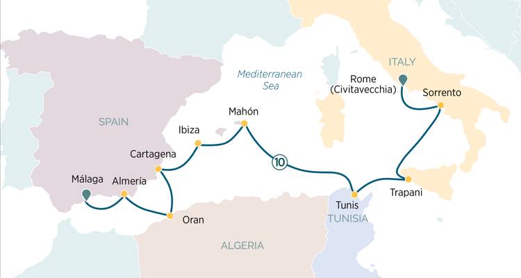 Mapa que muestra la ruta de crucero por el Mediterráneo desde Málaga hasta Sorrento pasando por Túnez y Mahón.