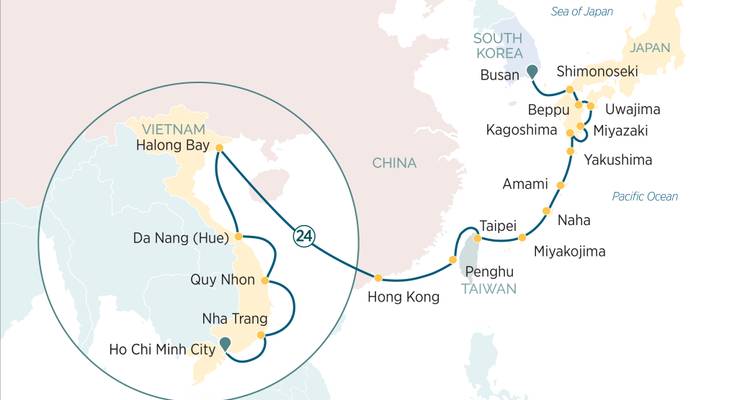 Cruise map spanning Vietnam, China, Taiwan, Japan and South Korea with highlighted route and ports.