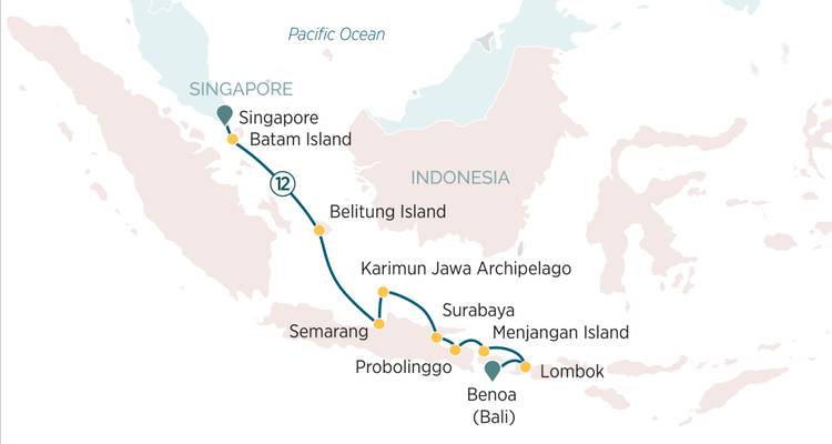 Route map of a cruise from Singapore through Indonesian ports to Bali and Lombok.