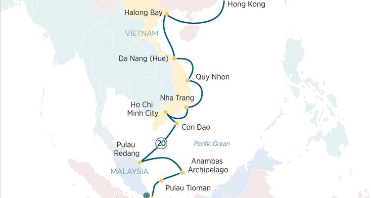 Cruise map tracing a path from Hong Kong down the Vietnamese coast to Singapore with multiple port calls.