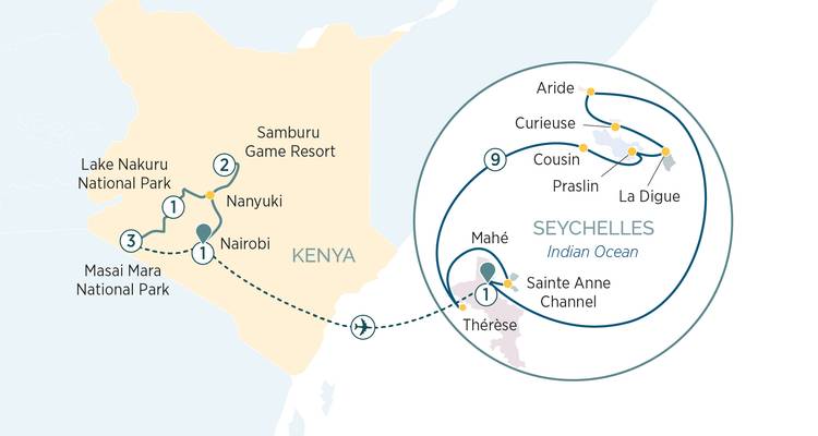 Carte combinée du safari au Kenya et de la croisière aux Seychelles montrant les itinéraires vers Nairobi, la Maasai Mara et les îles de l'océan Indien.