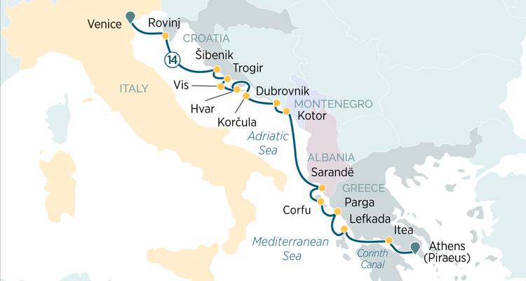 Carte de croisière méditerranéenne de Venise en direction de la mer Adriatique jusqu'à Athènes via les ports croates, monténégrins et grecs.
