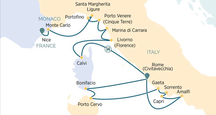 Carte de croisière méditerranéenne de quatorze jours reliant Monaco, Nice, Rome et Amalfi avec des flèches courbes.