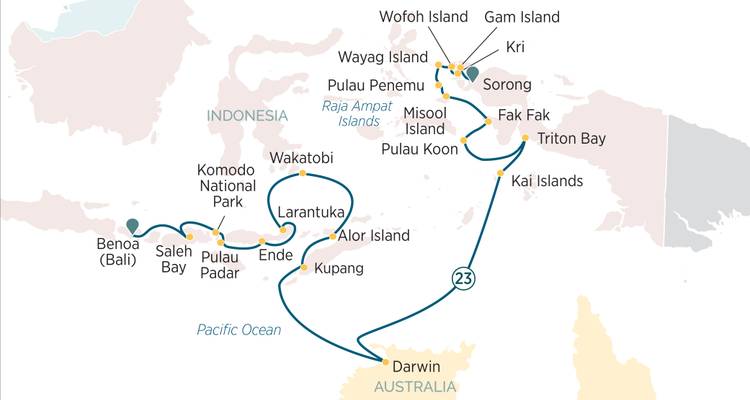 Mapa extenso de la expedición que traza una ruta desde Bali pasando por Komodo, Raja Ampat y hasta Darwin, Australia.