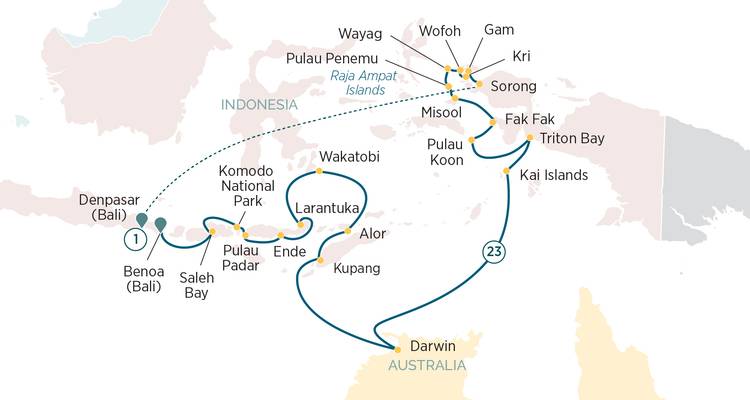 Cruise itinerary map from Bali through Komodo and Wakatobi to Darwin.