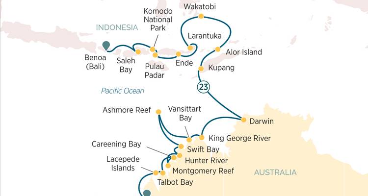 Cruise map linking Bali with Darwin and Kimberley highlights such as Vansittart Bay and Talbot Bay.