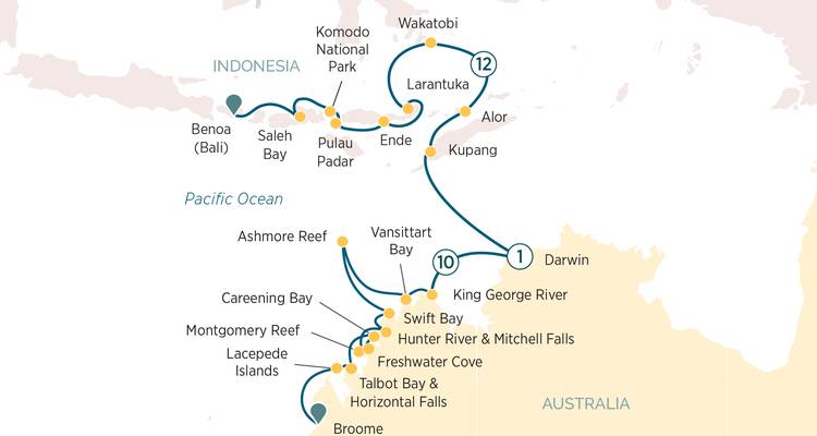 Cruise route map covering Bali, Komodo, Darwin and the Kimberley coast of Australia.
