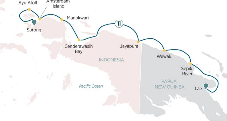 Cruise map from Sorong across Indonesian Papua to Papua New Guinea ports like Jayapura and Wewak.