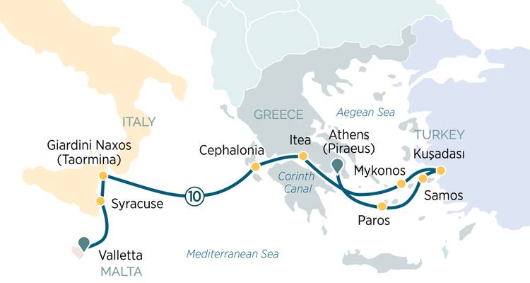 Mapa de crucero por el Mediterráneo que conecta Italia, Malta y Grecia con puertos marcados y líneas de ruta.