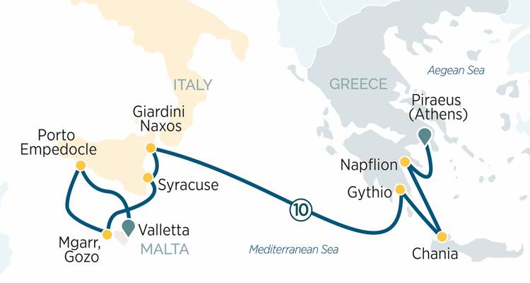 Simplified map showing cruise itinerary through Italy, Malta and Greece with route lines and city labels.